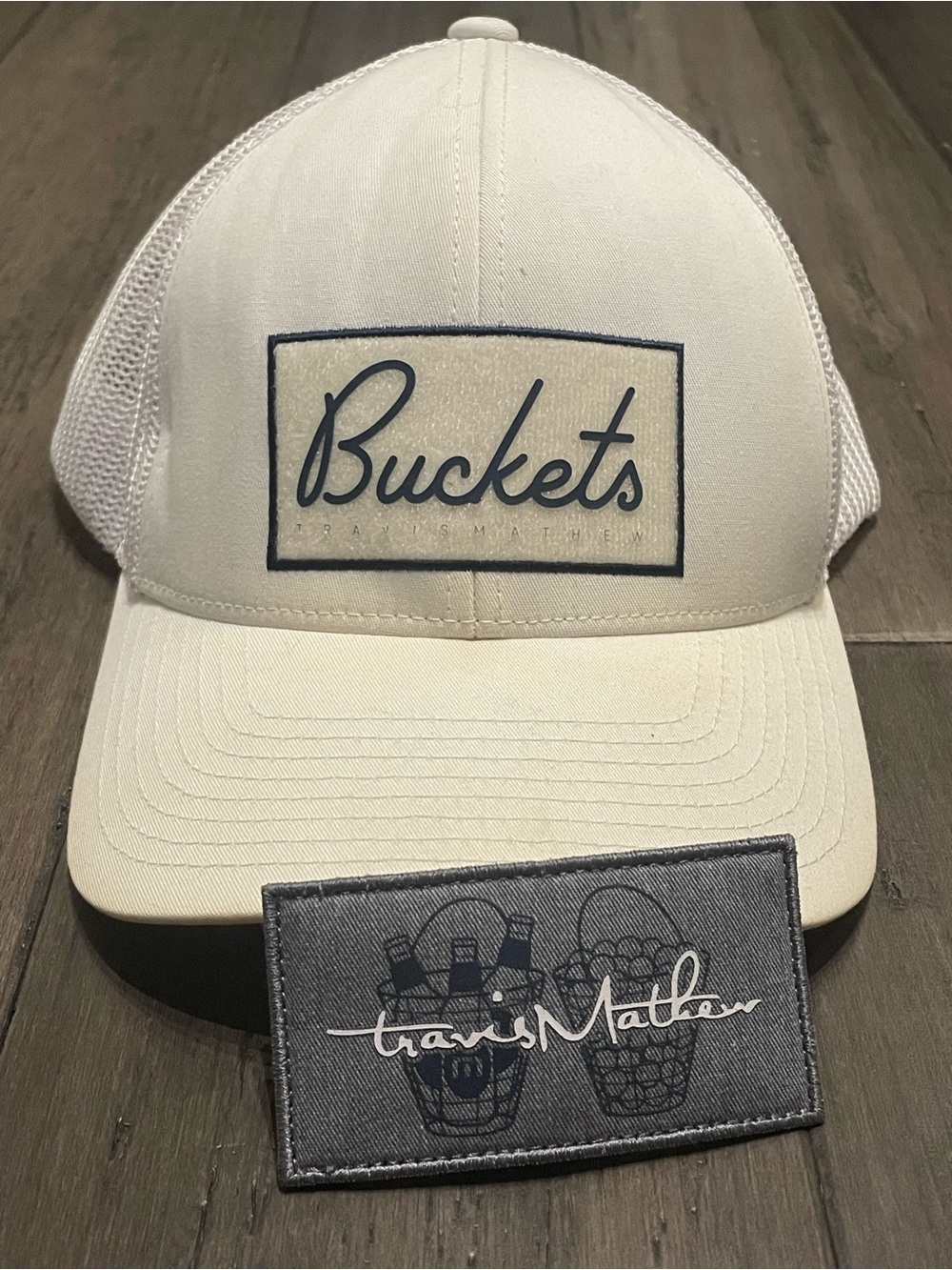 TravisMathew Buckets White Trucker Hat Snapback Flexfit 110 Golf Patch Cap